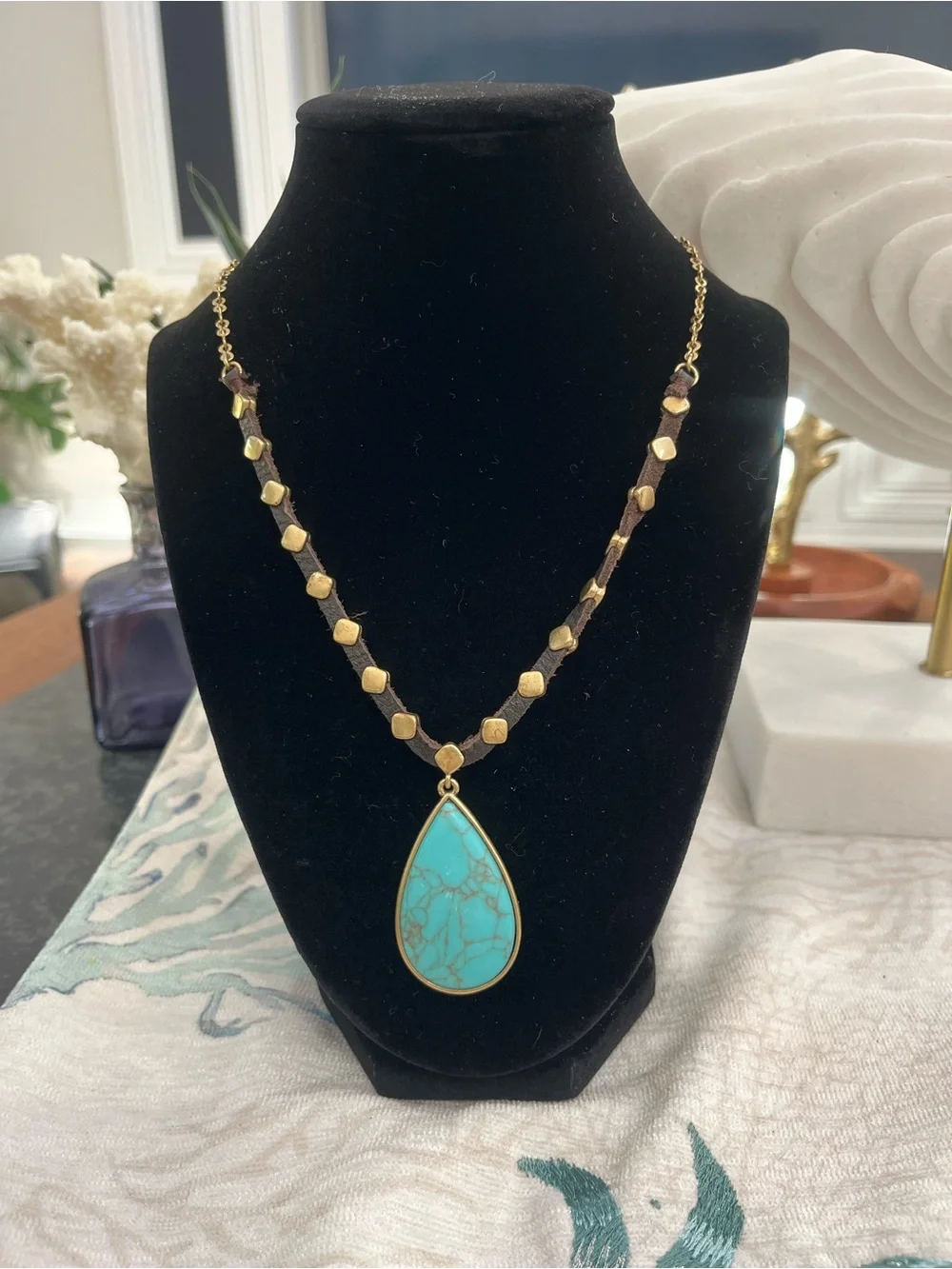 Brand New! Lucky Brand Gold Tone Faux Turquoise Pendant Necklace and Earrings